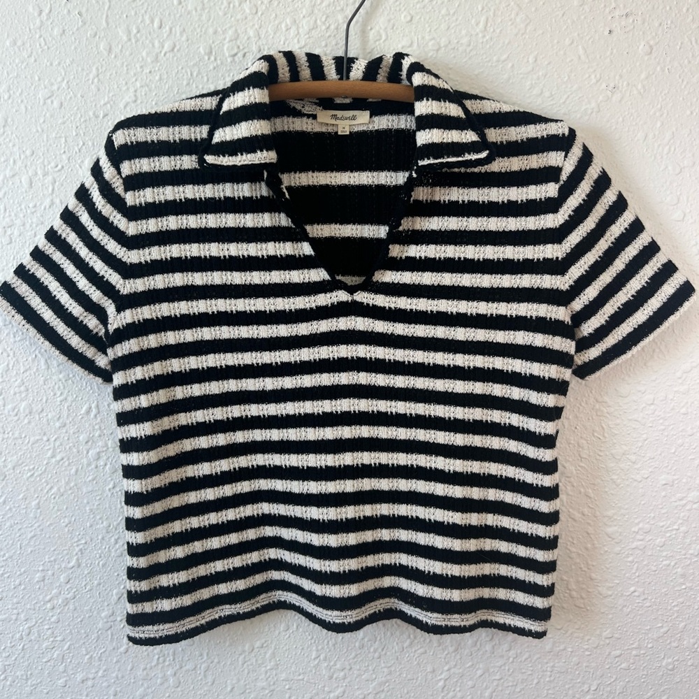 Madewell Black and White Striped Short Sleeve Scoop Collar Sweater